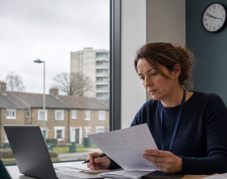 Person reviewing paperwork at a desk beside a laptop.