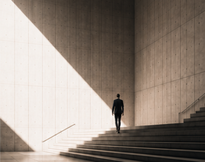 Person walking through a concrete stairwell with strong architectural light.