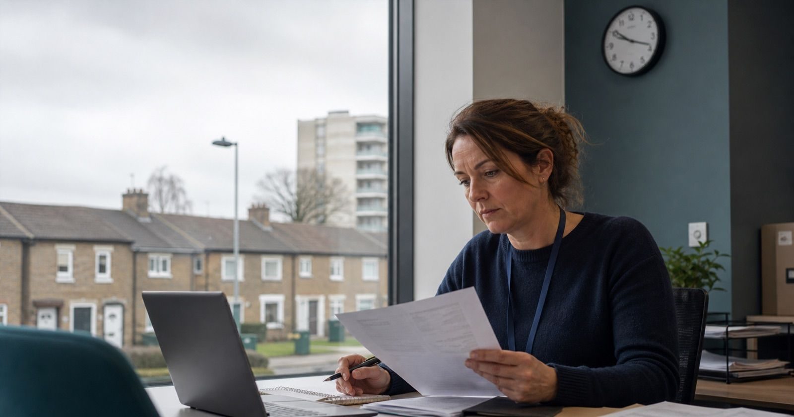 Person reviewing paperwork beside a laptop, with terraced homes visible through the window.