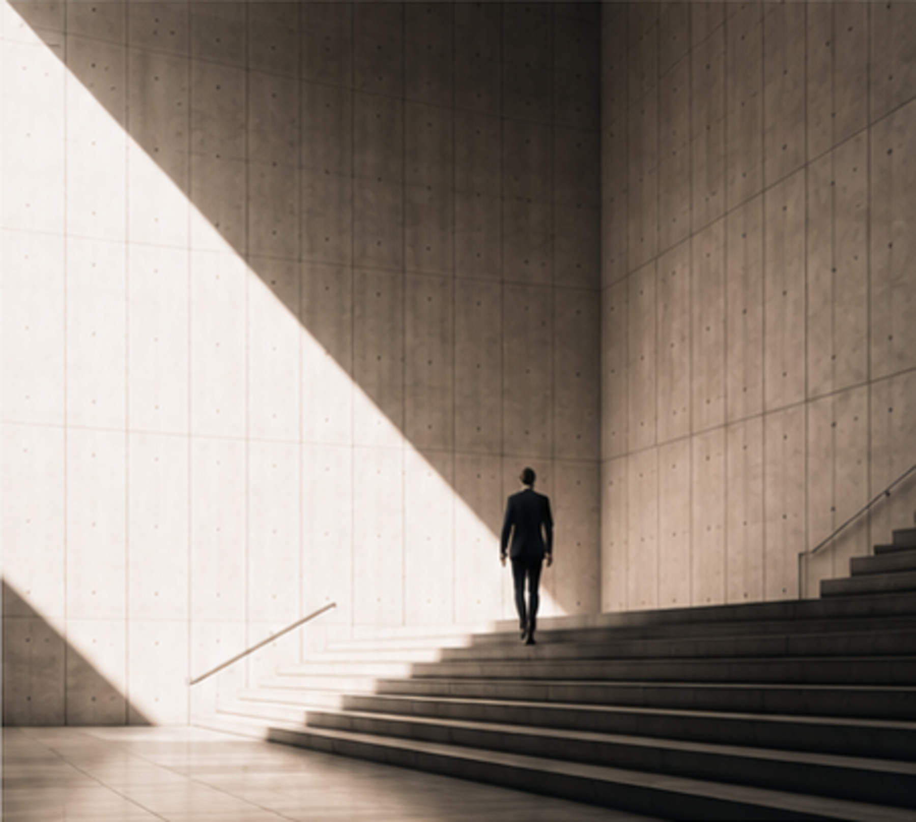 Person walking through a concrete stairwell with strong architectural light.
