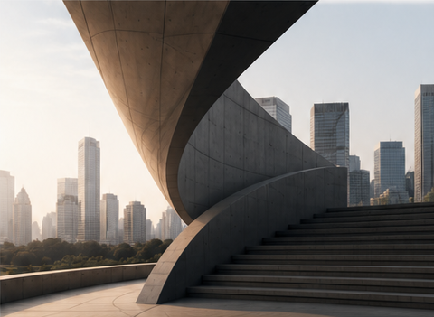 Curved concrete architecture and city skyline forming a calm contact page backdrop.